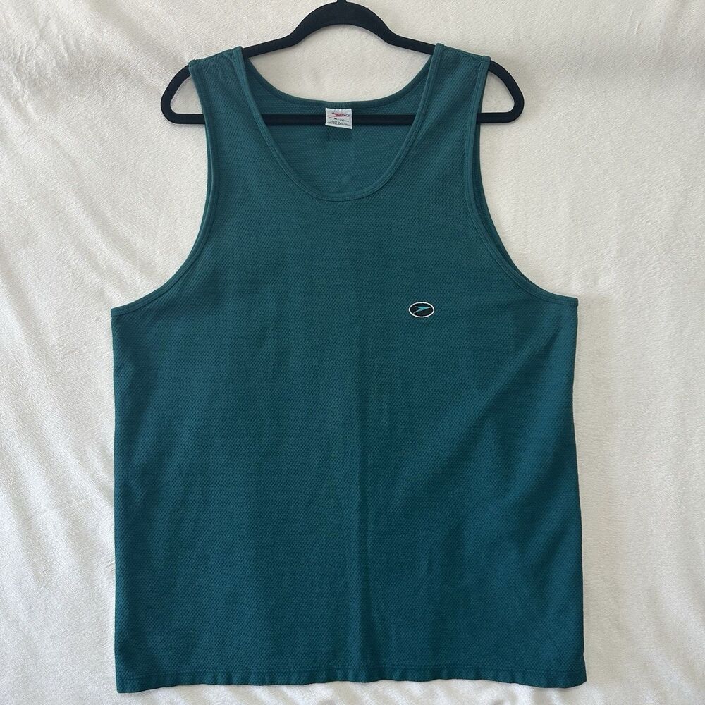 VTG Speedo Tank Top 2000 SpellOut Logo Thermal Waffle Knit Shirt Y2K Green Sz XL